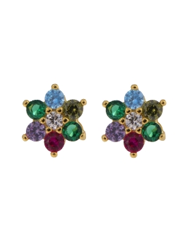 Pendientes de presión dorados flor con circonitas de colores, medida 8 mm
