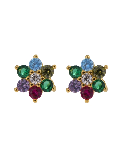 Pendientes de presión dorados flor con circonitas de colores, medida 8 mm