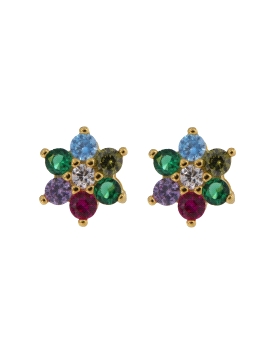 Pendientes de presión dorados flor con circonitas de colores, medida 7 mm