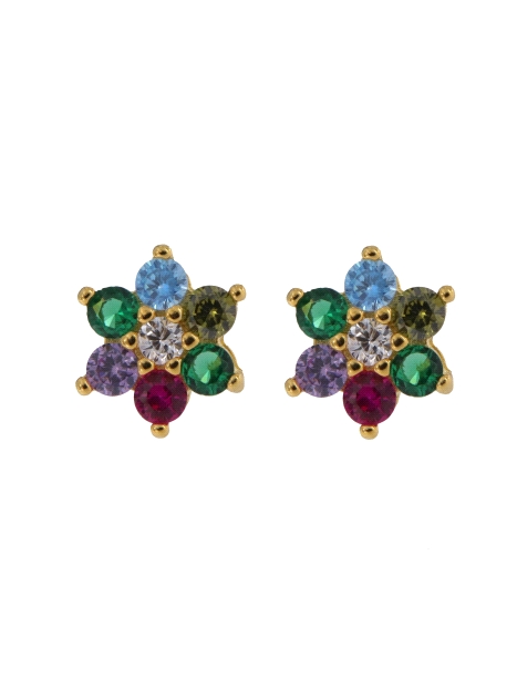 Pendientes de presión dorados flor con circonitas de colores, medida 7 mm