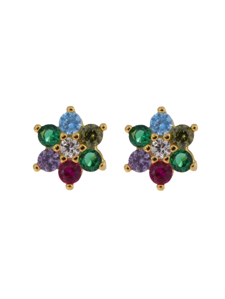 Pendientes de presión dorados flor con circonitas de colores, medida 7 mm