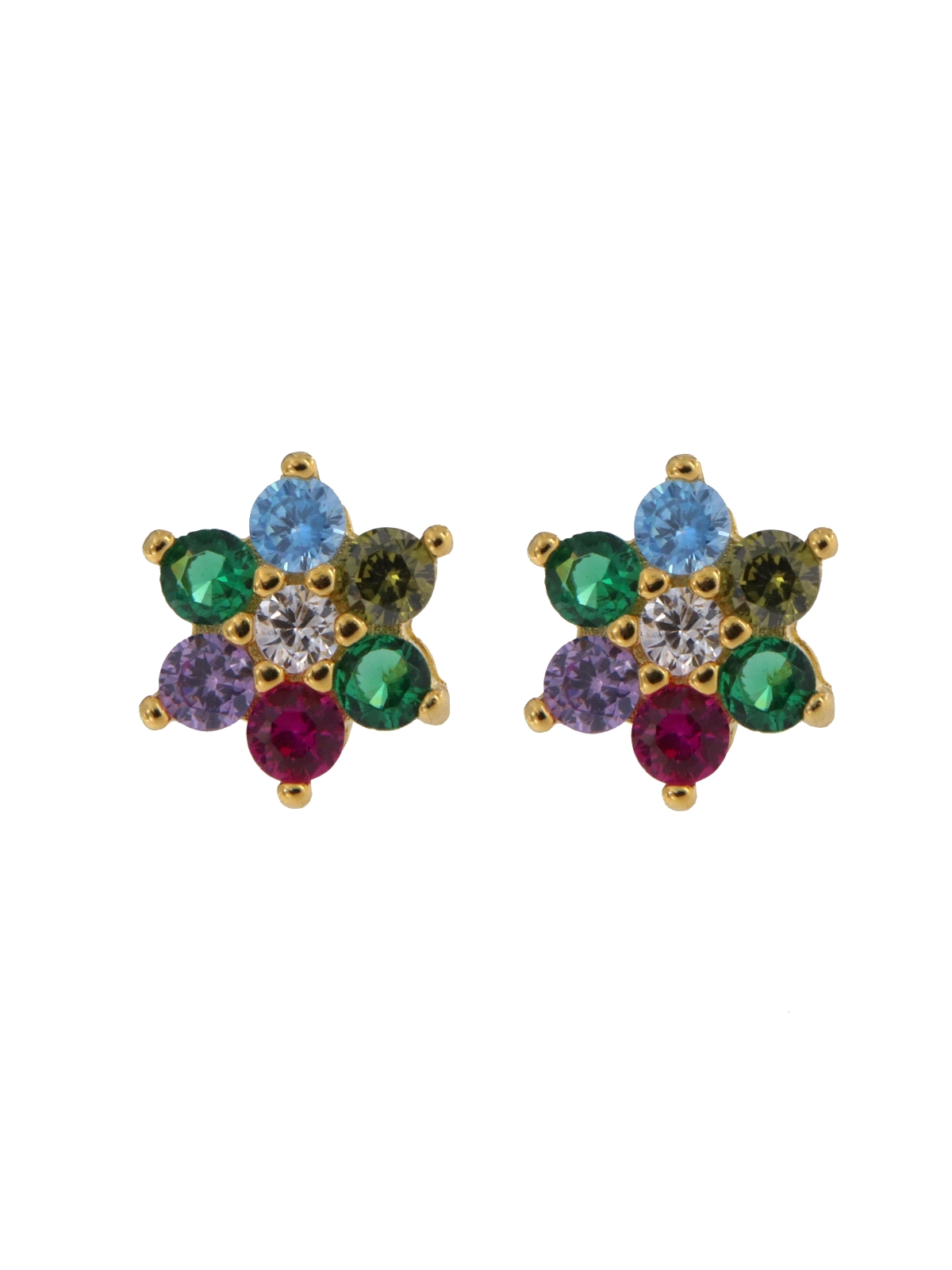 Pendientes de presión dorados flor con circonitas de colores, medida 7 mm