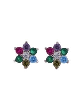 Pendientes de presión flor con circonitas de colores en Plata de Ley 925, medida 7 mm