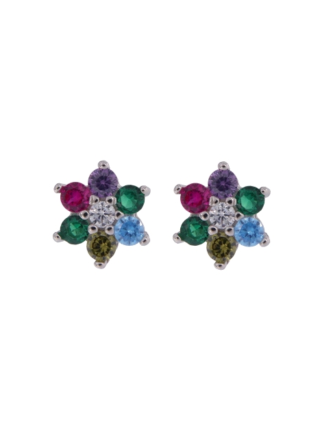 Pendientes de presión flor con circonitas de colores en Plata de Ley 925, medida 7 mm