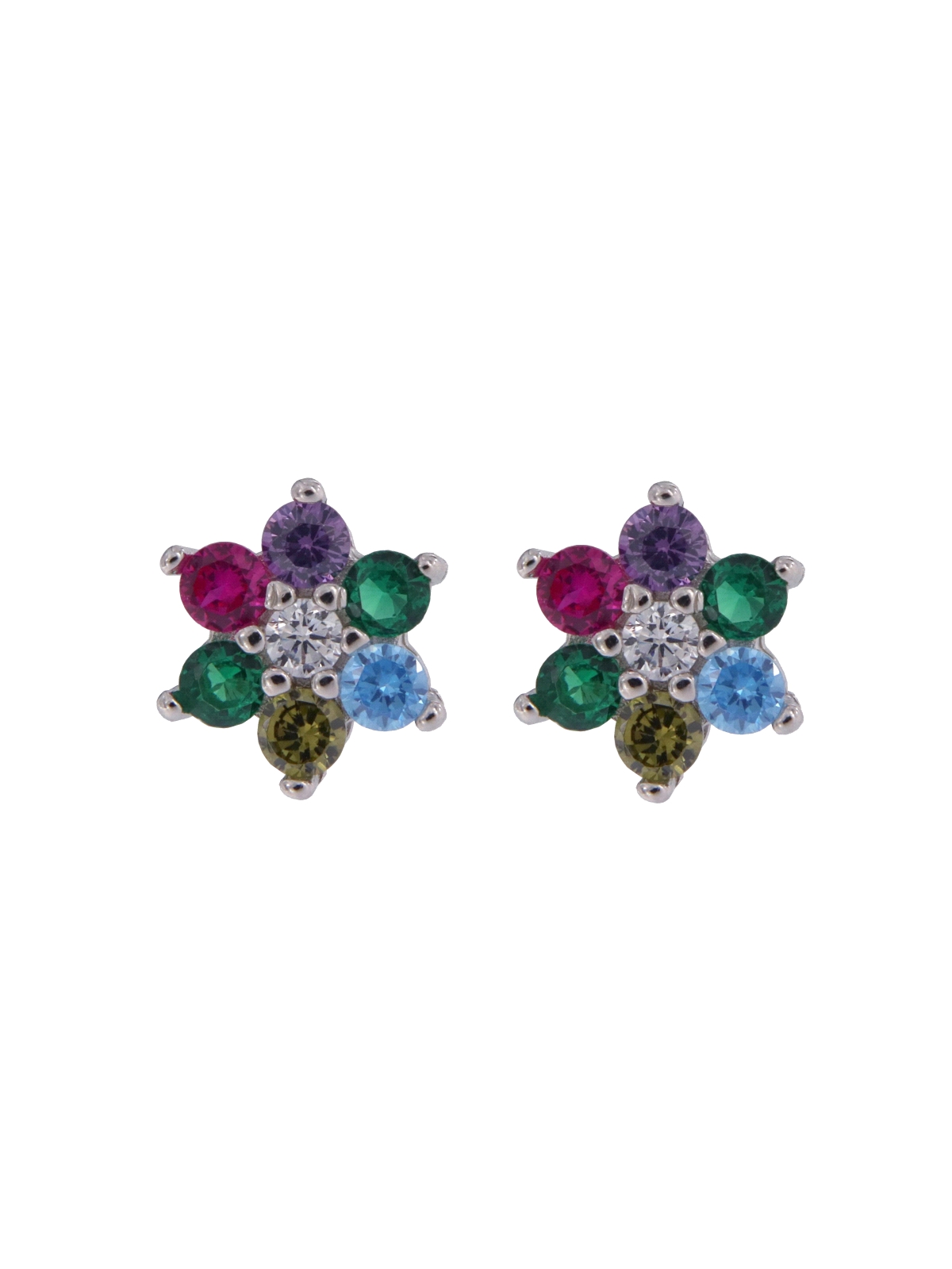 Pendientes de presión flor con circonitas de colores en Plata de Ley 925, medida 7 mm