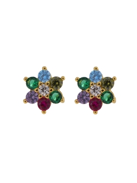 Pendientes de presión dorados flor con circonitas de colores, medida 6 mm