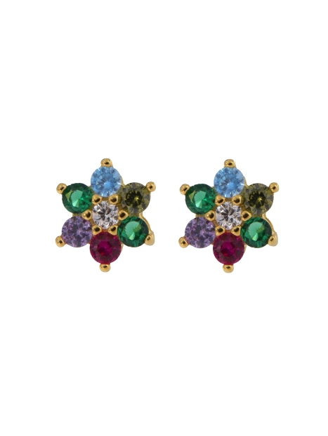 Pendientes de presión dorados flor con circonitas de colores, medida 6 mm