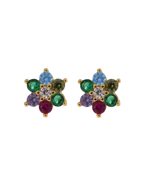 Pendientes de presión dorados flor con circonitas de colores, medida 6 mm