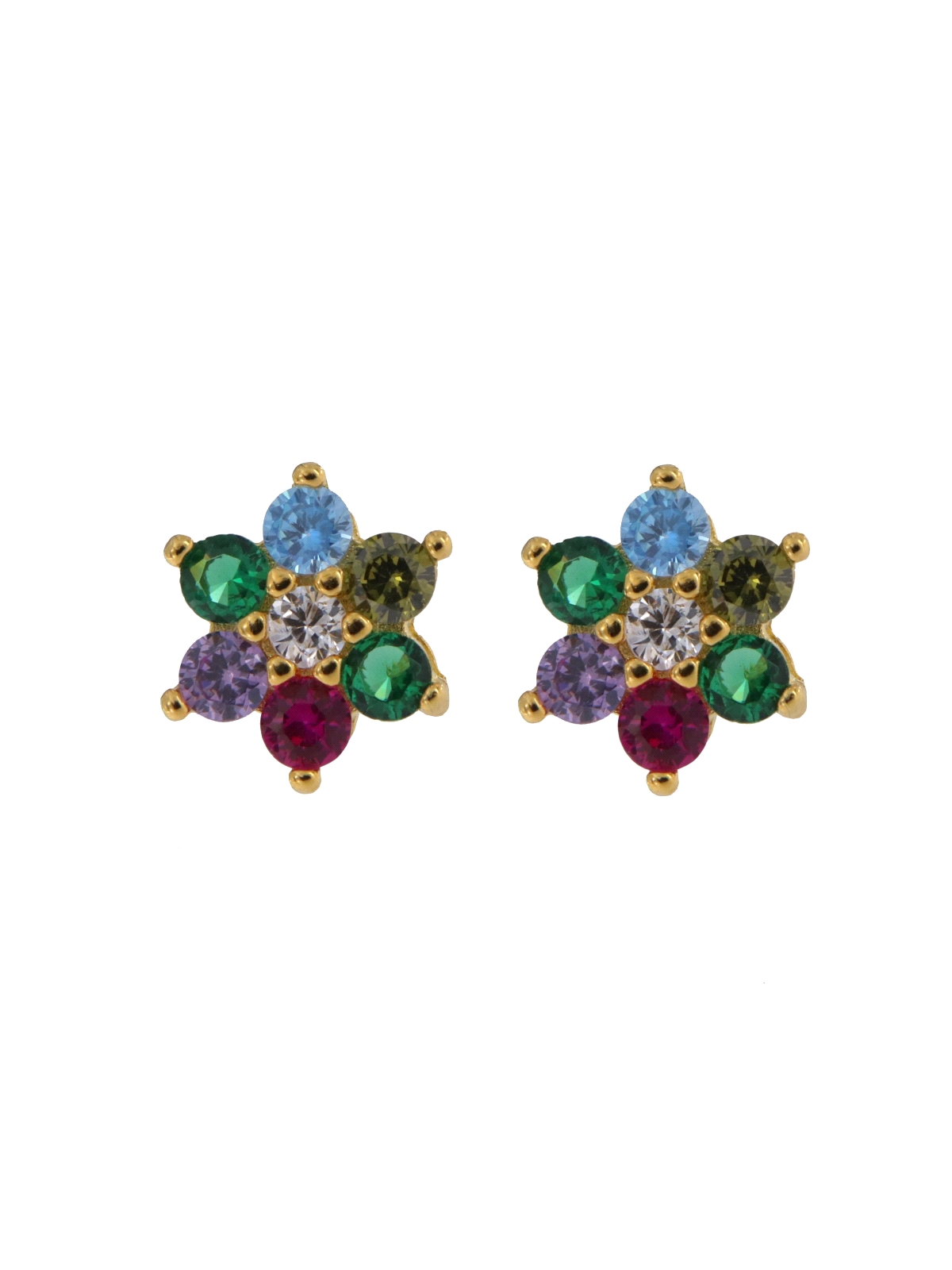 Pendientes de presión dorados flor con circonitas de colores, medida 6 mm