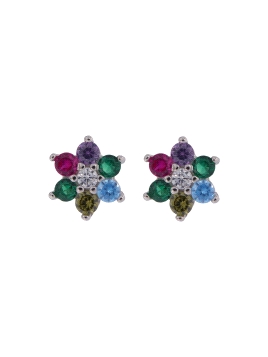 Pendientes de presión flor con circonitas de colores en Plata de Ley 925, medida 6 mm