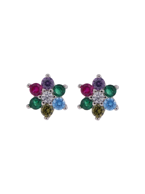 Pendientes de presión flor con circonitas de colores en Plata de Ley 925, medida 6 mm
