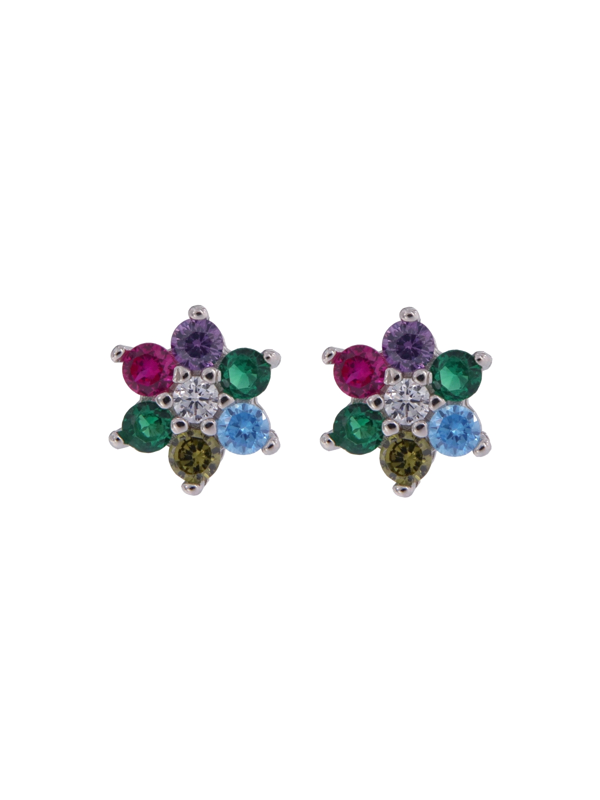 Pendientes de presión flor con circonitas de colores en Plata de Ley 925, medida 6 mm