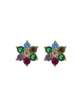 Pendientes de presión dorados flor con circonitas de colores, medida 5,2 mm