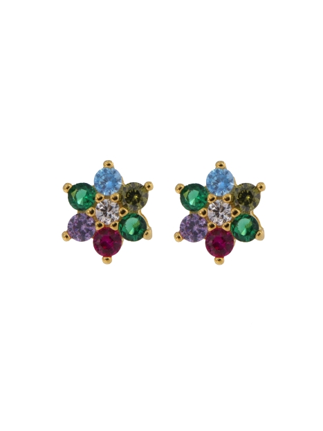 Pendientes de presión dorados flor con circonitas de colores, medida 5,2 mm