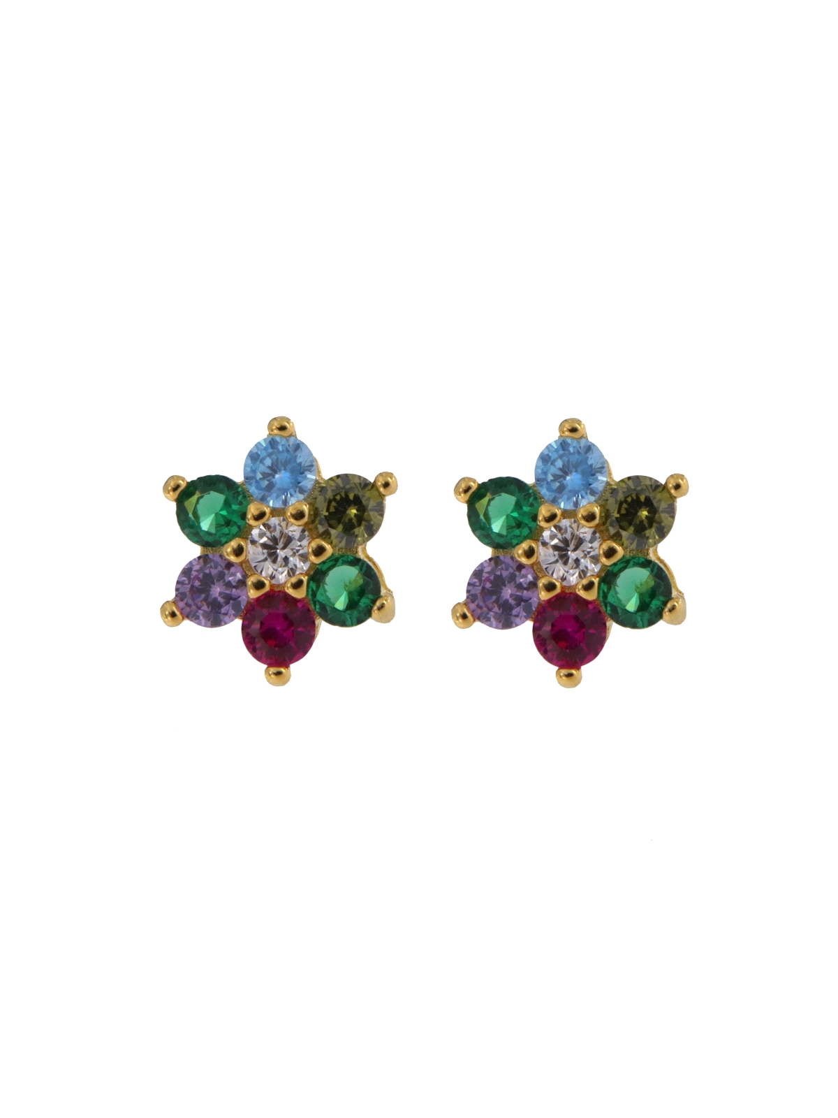 Pendientes de presión dorados flor con circonitas de colores, medida 5,2 mm