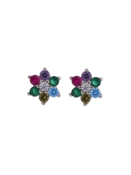 Pendientes de presión flor con circonitas de colores en Plata de Ley 925, medida 5,2 mm