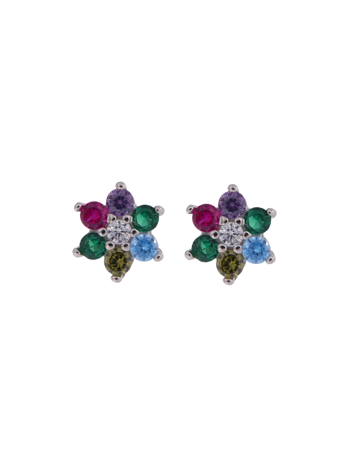 Pendientes de presión flor con circonitas de colores en Plata de Ley 925, medida 5,2 mm