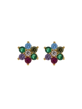 Pendientes de presión dorados flor con circonitas de colores, medida 4,5 mm