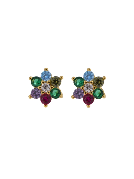 Pendientes de presión dorados flor con circonitas de colores, medida 4,5 mm