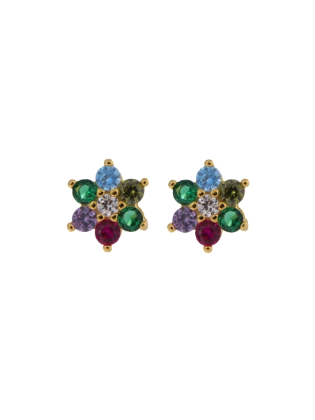 Pendientes de presión dorados flor con circonitas de colores, medida 4,5 mm