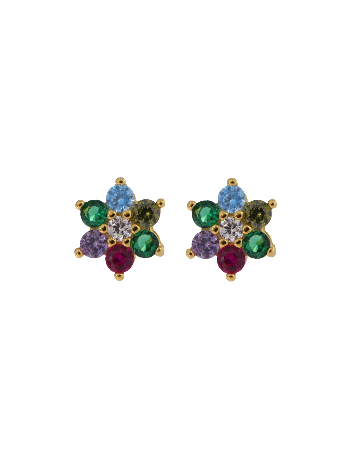Pendientes de presión dorados flor con circonitas de colores, medida 4,5 mm