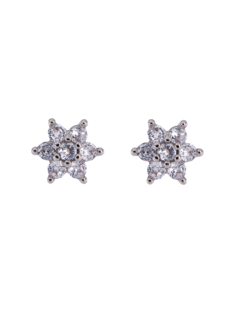 Pendientes de presión flor con circonitas blancas en Plata de Ley 925, medida 6 mm