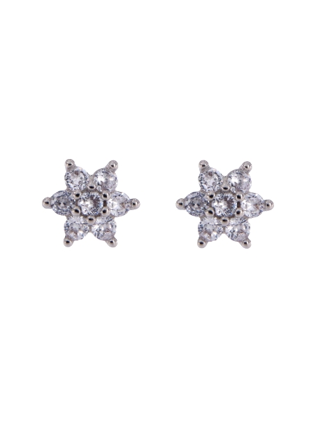 Pendientes de presión flor con circonitas blancas en Plata de Ley 925, medida 6 mm