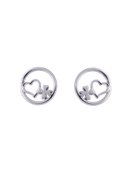 Pendientes de presión círculo con corazón y trébol en Plata de Ley 925