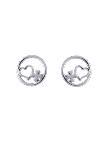 Pendientes de presión círculo con corazón y trébol en Plata de Ley 925
