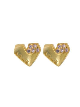Pendientes de presión dorados corazón plegado LOVE con circonitas blancas