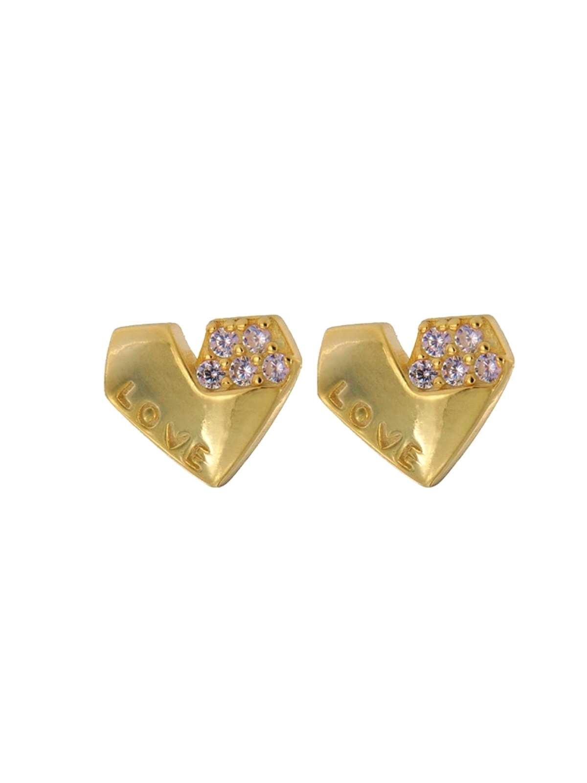 Pendientes de presión dorados corazón plegado LOVE con circonitas blancas