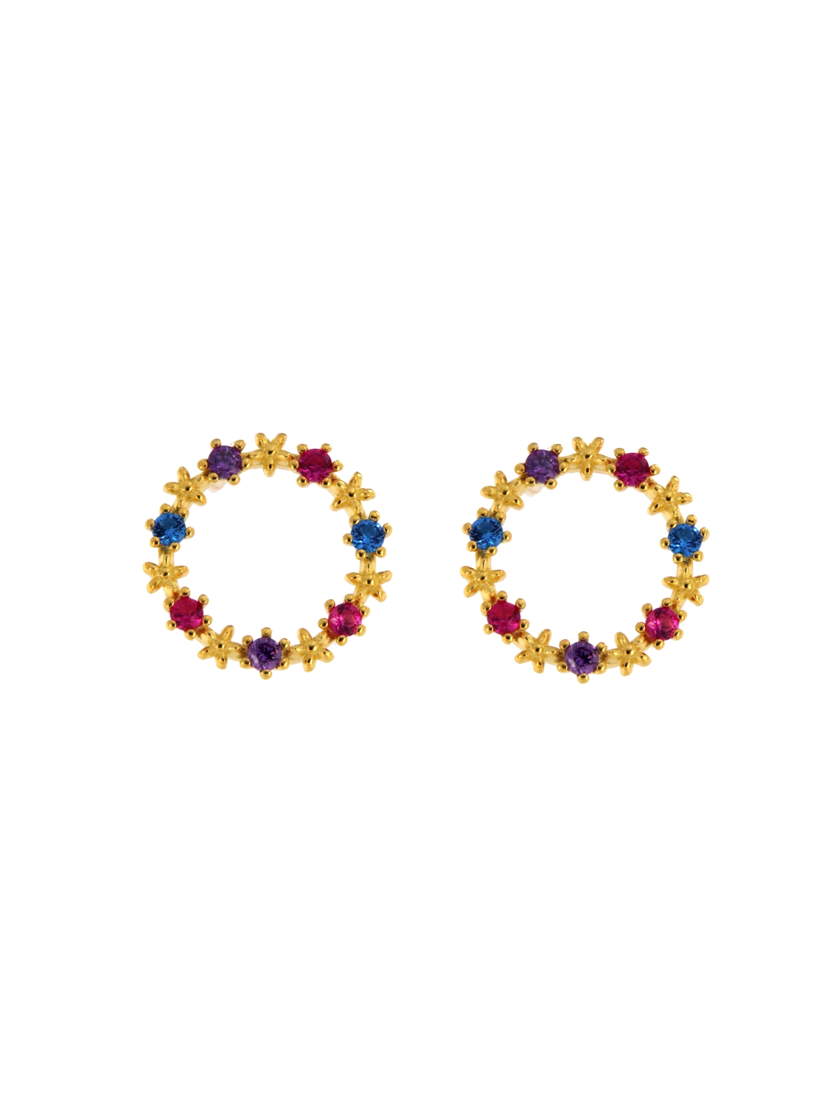 Pendientes de presión círculo dorado con circonitas de color