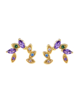 Pendientes de presión hojas doradas con circonitas multicolor