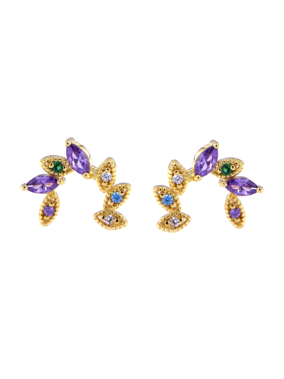 Pendientes de presión hojas doradas con circonitas multicolor