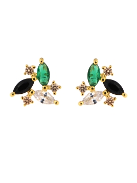 Pendientes de presión dorados con circonitas marqués verde, negro y blanco
