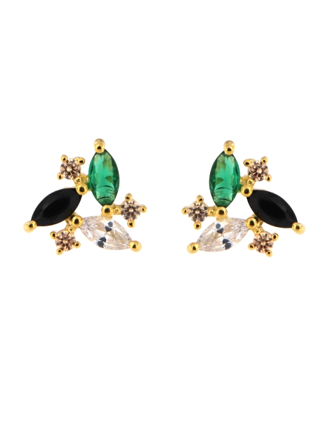 Pendientes de presión dorados con circonitas marqués verde, negro y blanco