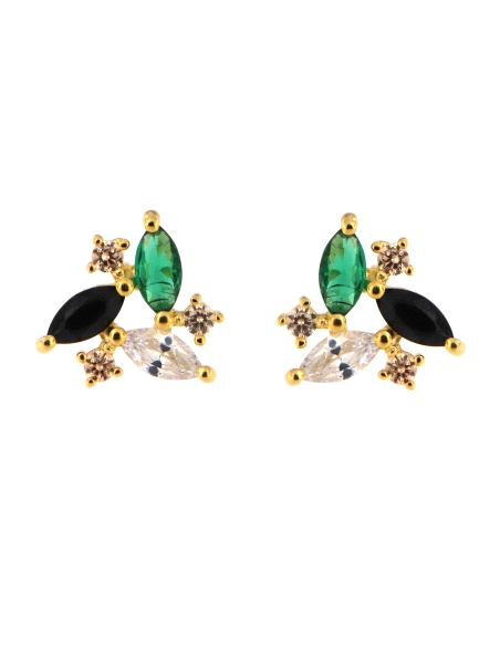 Pendientes de presión dorados con circonitas marqués verde, negro y blanco