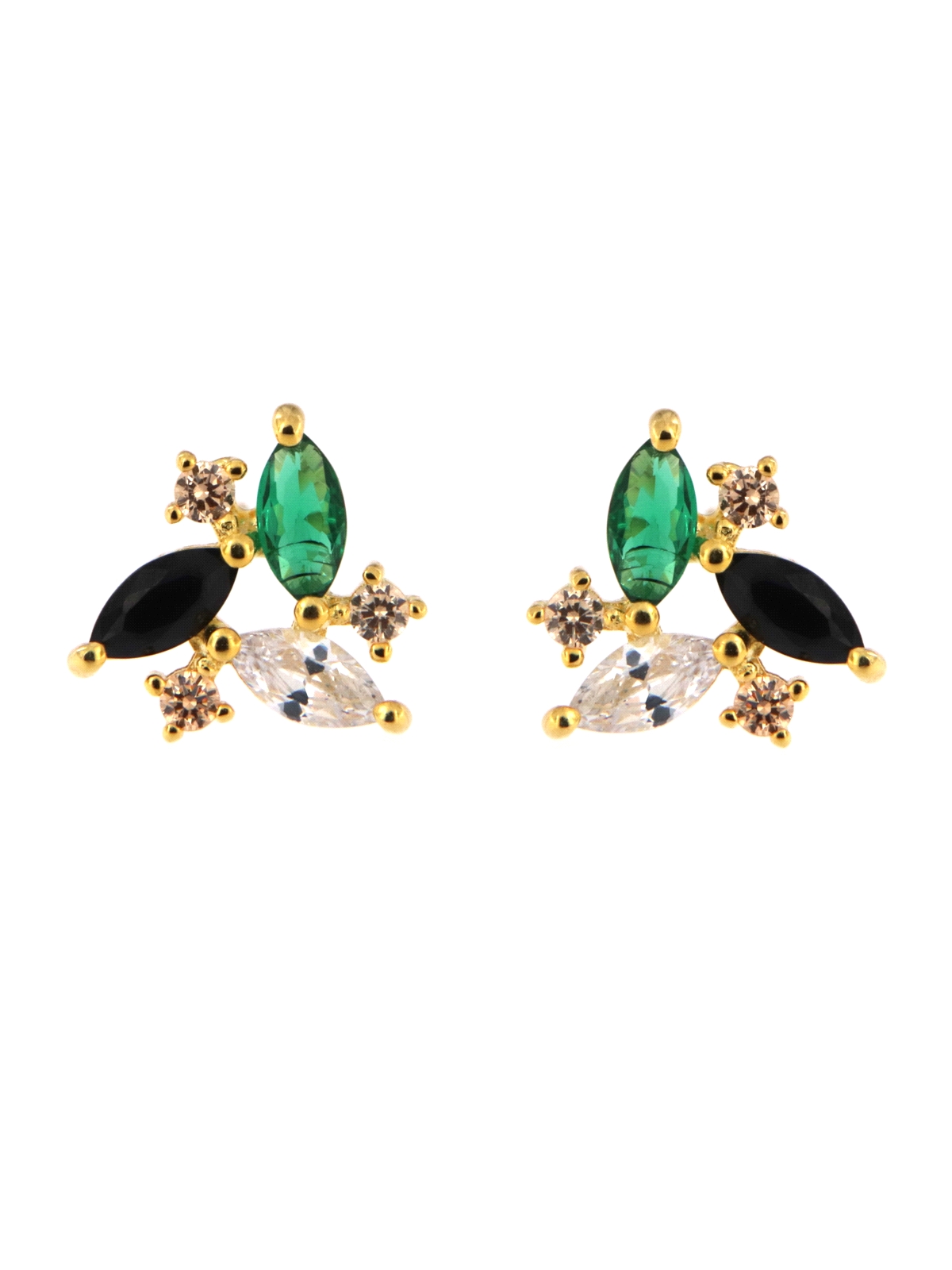 Pendientes de presión dorados con circonitas marqués verde, negro y blanco