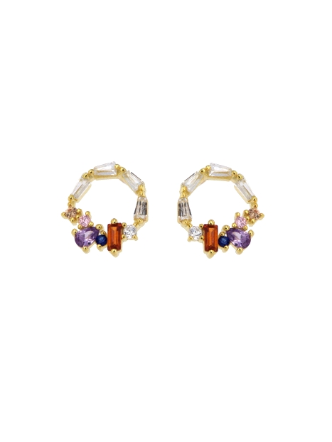 Pendientes de presión círculo dorado con circonitas baguette multicolor