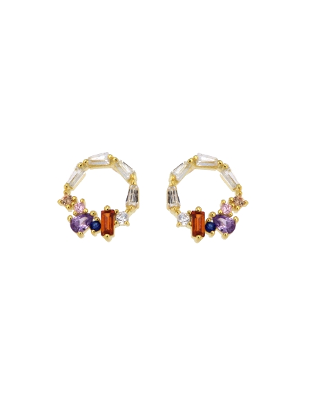 Pendientes de presión círculo dorado con circonitas baguette multicolor