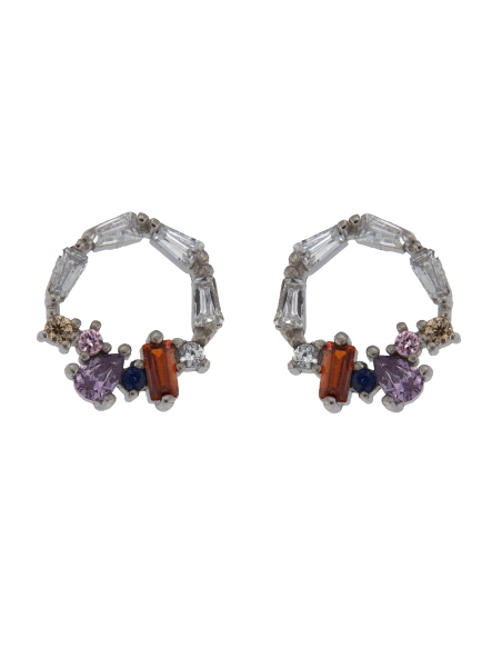 Pendientes de presión círculo baguette multicolor plata