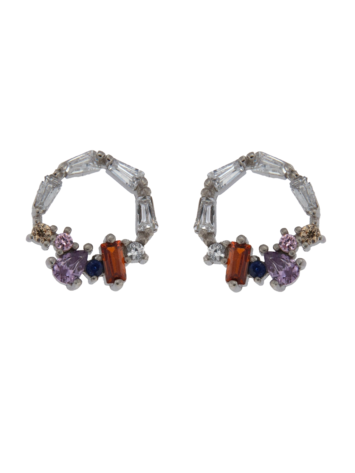 Pendientes de presión círculo baguette multicolor plata