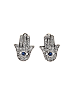 Pendientes de presión Mano de Fátima plata con circonitas blancas y color zafiro