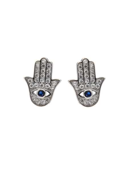 Pendientes de presión Mano de Fátima plata con circonitas blancas y color zafiro