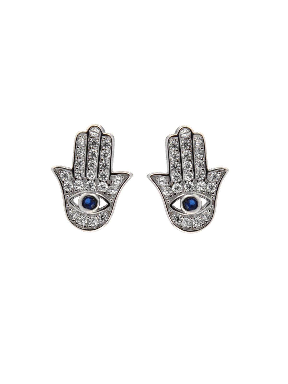 Pendientes de presión Mano de Fátima plata con circonitas blancas y color zafiro