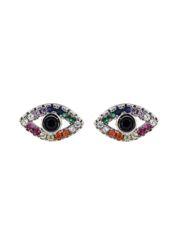 Pendientes de presión de plata con diseño de ojo turco y circonitas multicolor