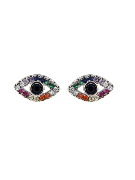 Pendientes de presión de plata con diseño de ojo turco y circonitas multicolor