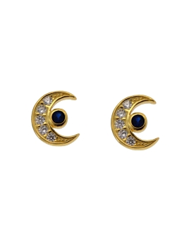 Pendientes de presión luna dorada con circonitas blancas y color zafiro