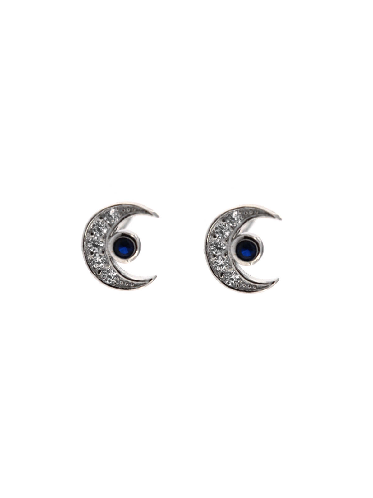 Pendientes de presión luna plata con circonitas blancas y color zafiro