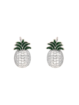 Pendientes de presión piña con circonitas blancas y hojas verdes